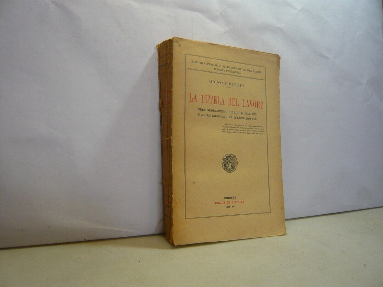 Oddone Fantini,LA TUTELA DEL LAVORO,Felice Le Monnier, Firenze, 1934
