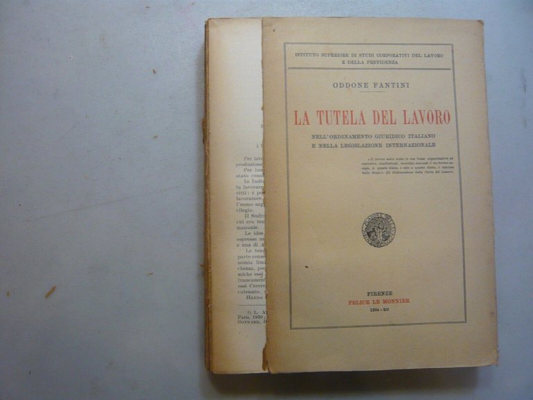 Oddone Fantini,LA TUTELA DEL LAVORO,Felice Le Monnier, Firenze, 1934