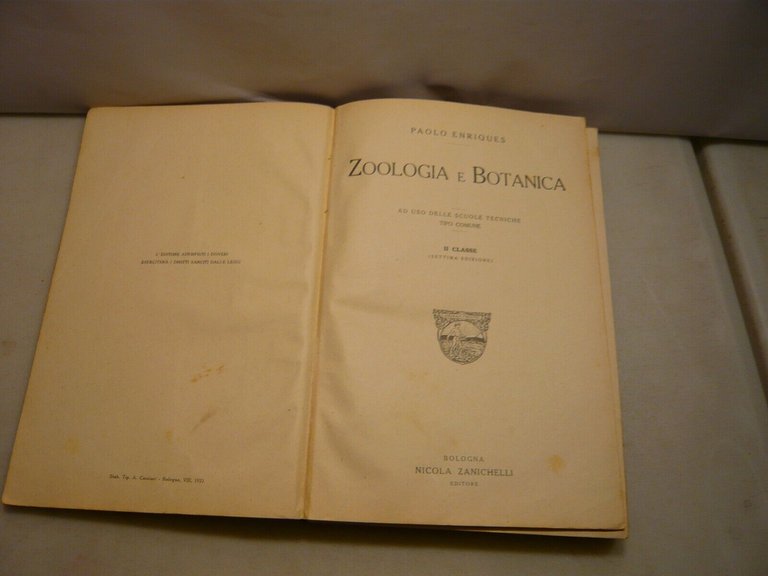 Paolo Enriques,ZOOLOGIA E BOTANICA,Zanichelli, Bologna, 1922