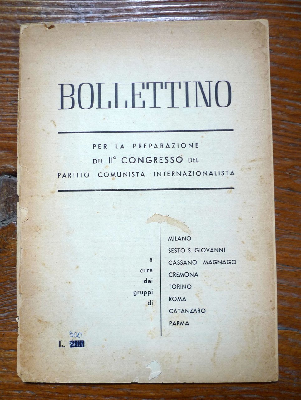 PARTITO COMUNISTA INTERNAZIONALISTA.BOLLETTINO II° CONGRESSO,1951[Damen,Bordiga