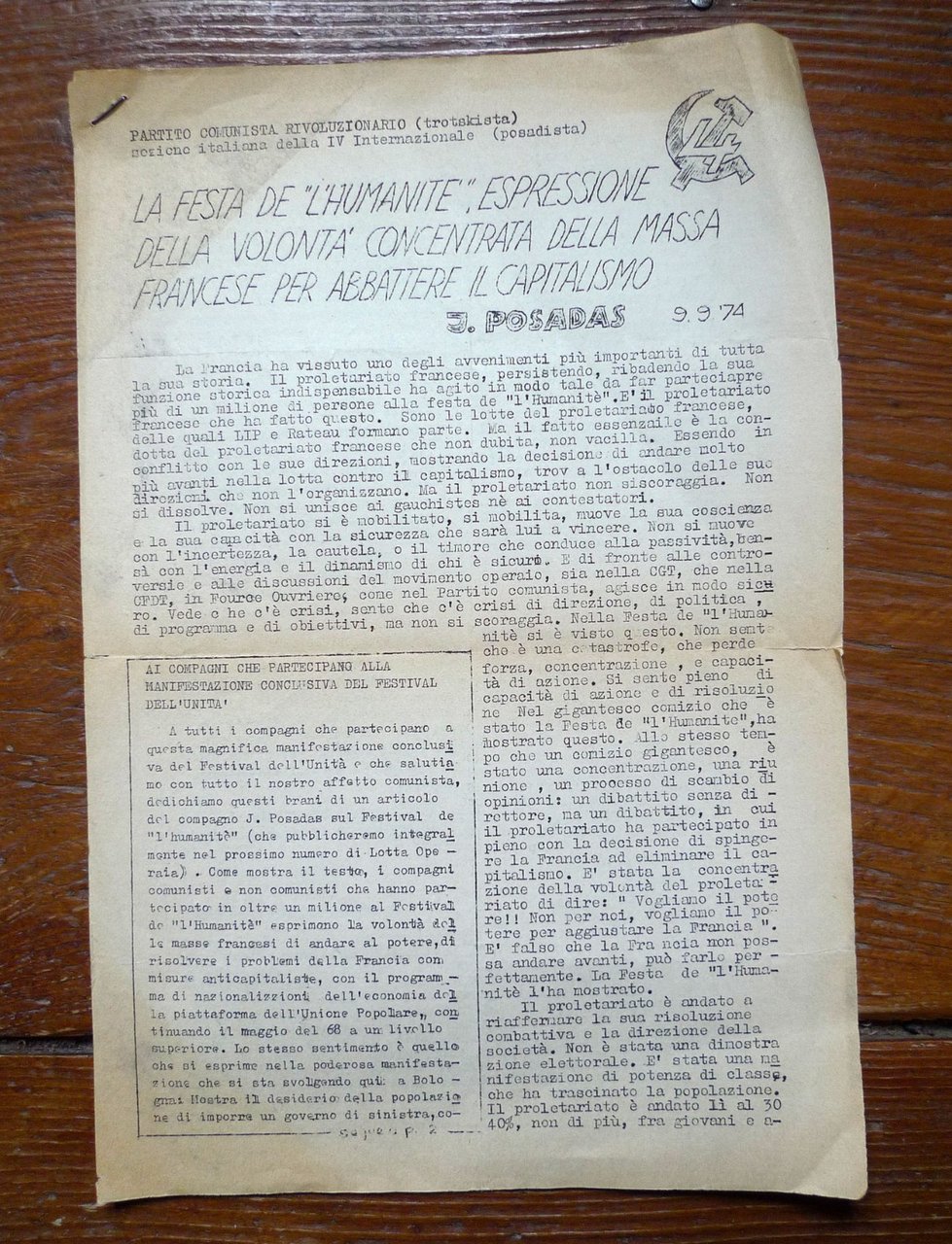 PARTITO COMUNISTA RIVOLUZIONARIO,Juan Posadas,LA FESTA DE L'HUMANITÉ,1974