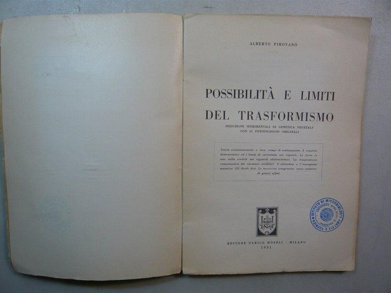 Pirovano,POSSIBILITA’ E LIMITI DEL TRASFORMISMO,Hoepli, 1951[botanica,incisioni