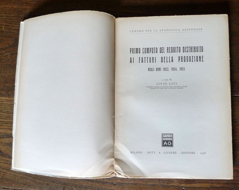 PRIMO COMPUTO DEL REDDITO DISTRIBUITO AI FATTORI DELLA PRODUZIONE,'58[STATISTICA