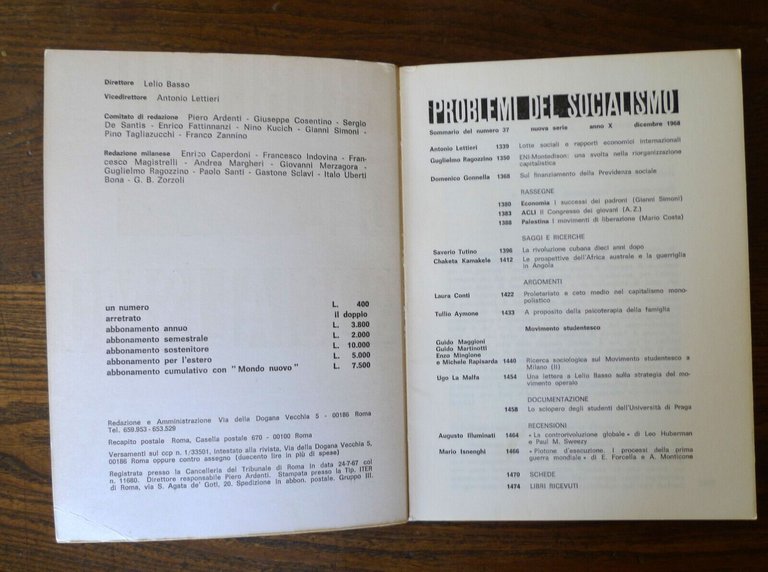 PROBLEMI DEL SOCIALISMO Rivista mensile/bimestrale 1968/1969.Dir.Lelio Basso