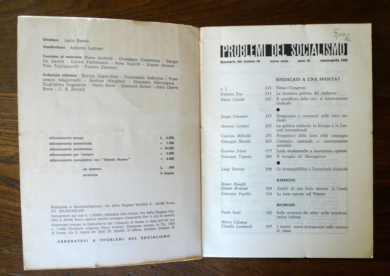 PROBLEMI DEL SOCIALISMO Rivista mensile/bimestrale 1968/1969.Dir.Lelio Basso