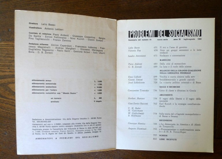 PROBLEMI DEL SOCIALISMO Rivista mensile/bimestrale 1968/1969.Dir.Lelio Basso