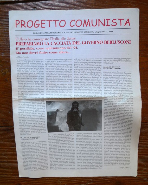 PROGETTO COMUNISTA.Giu.2001.FOGLIO DELL'AREA PROGRAMMATICA DEL PRC[Rifondazione