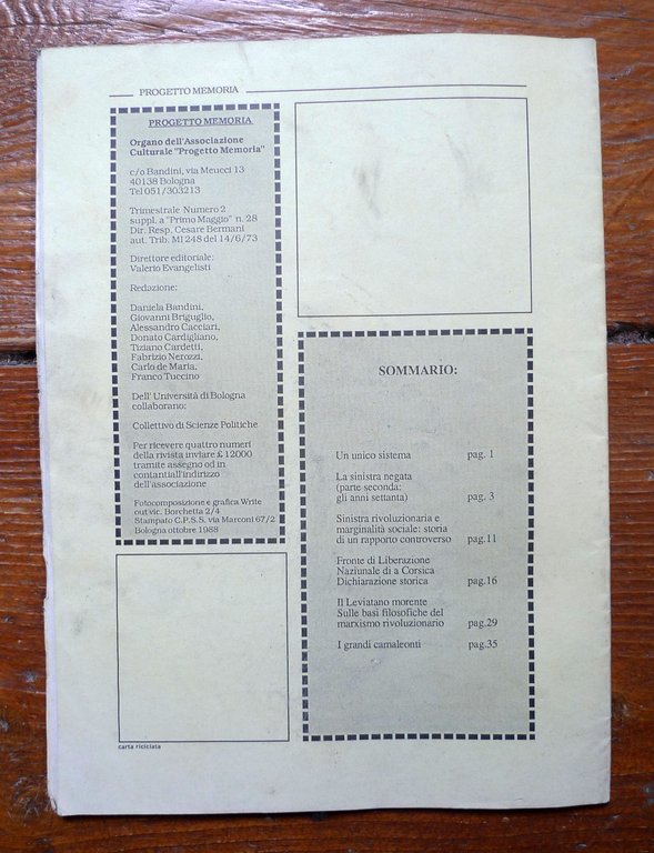 PROGETTO MEMORIA 2 1988.Rivista di storia dell’antagonismo sociale[V.Evangelisti | Immagine Gallery 2