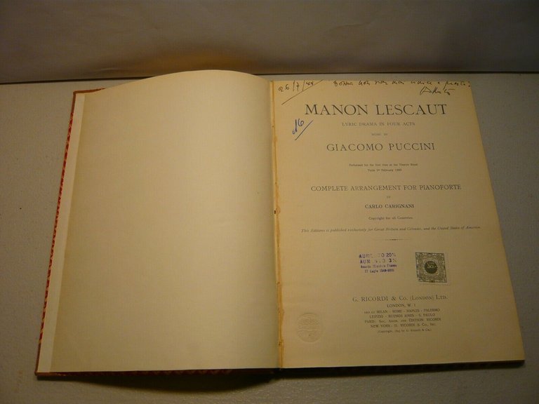 Puccini,MANON LESCAUT,Ricordi,Londra 1944[arrangiamento Carlo Carignani