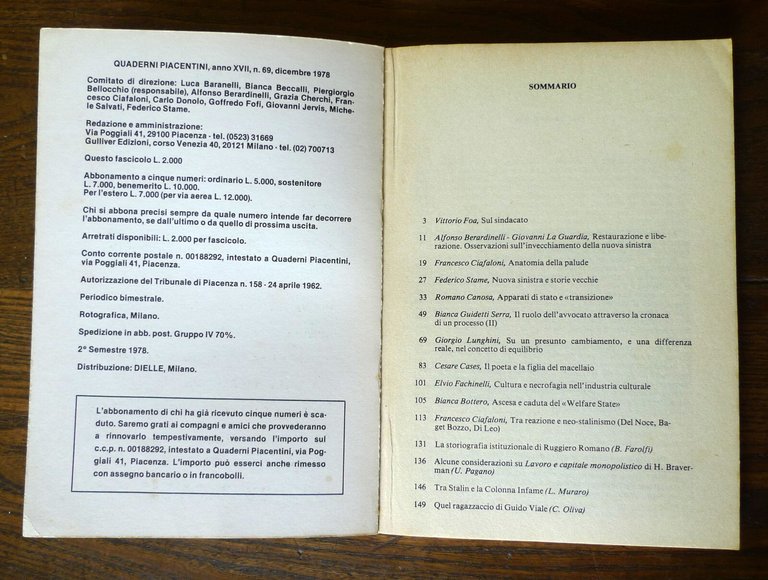 QUADERNI PIACENTINI n.69,dicembre 1978.Periodico bimestrale[rivista,politica