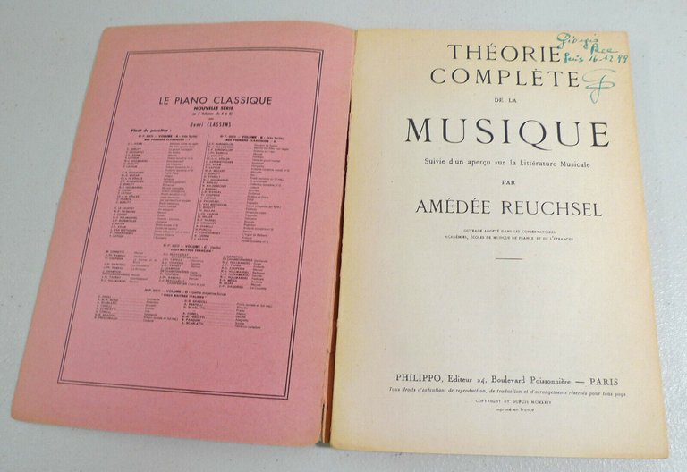Reuchsel,THÉORIE COMPLÈTE DE LA MUSIQUE,1924 Philippo[storia musica,musicologia