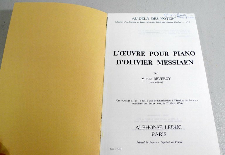 Reverdy,L’OEUVRE POUR PIANO D’OLIVIER MESSIAEN,1978 Leduc[musica,musicologia