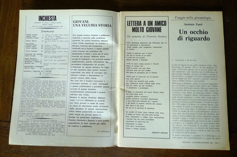 Rivista bimestrale INCHIESTA n.54 1981[politica,sociologia,condizione giovani