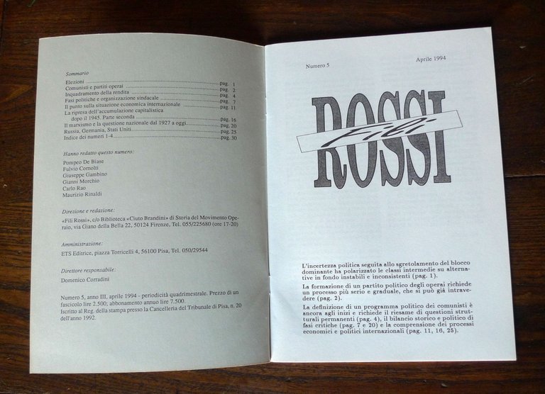 Rivista FILI ROSSI Anno III n.5 aprile 1994[comunismo,marxismo