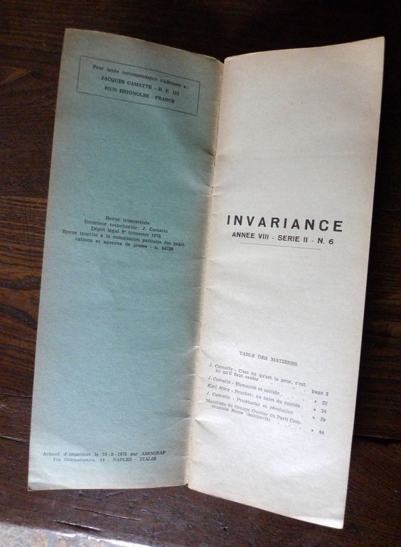 Rivista INVARIANCE A.VIII-Série II n.6 1975[Camatte,comunismo,Bordiga,suicidio