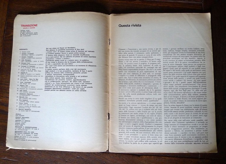 Rivista mensile TRANSIZIONE.Scuola e società n.1 nov.1976[PdUP per il Comunismo