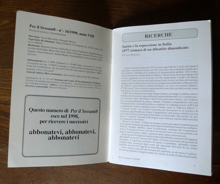Rivista PER IL SESSANT8 n.16 1998[movimento,Sessantotto,contestazione