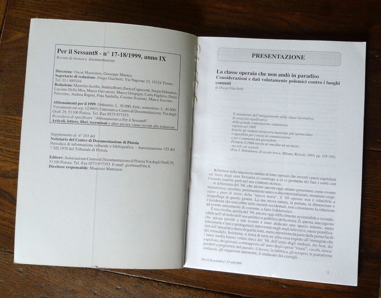 Rivista PER IL SESSANT8 n.17-18 1999[movimento,Sessantotto,contestazione