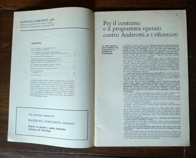 Rivista RASSEGNA COMUNISTA 8-9 1972-73.Mensile teorico-politico.Gruppo Gramsci