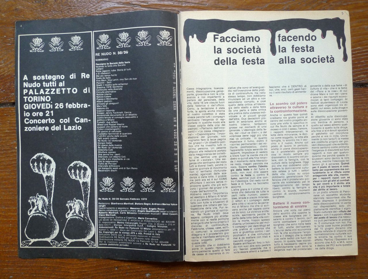 Rivista RE NUDO n.38/39 Gen-Feb 1976[controcultura,movimento,Giorgio Gaber | Immagine principale