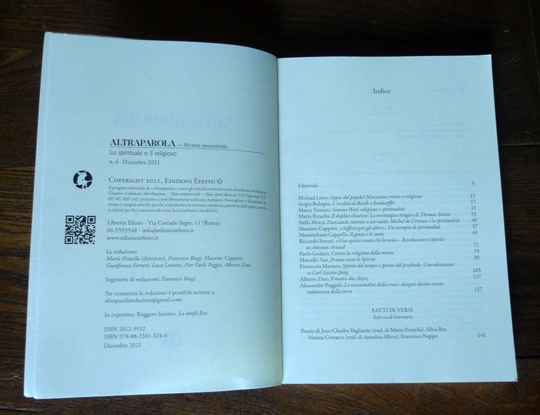 Rivista semestrale ALTRAPAROLA n.6 2021.LO SPIRITUALE O IL RELIGIOSO[politica
