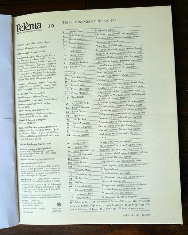 Rivista TELEMA 10 1997.TELEVISIONE.CRISI O RINASCITA[nuove tecnologie,multimedia