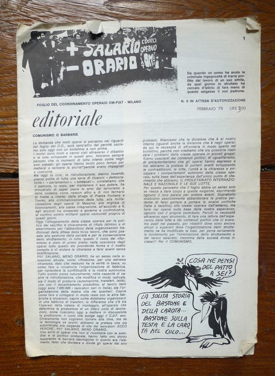 +SALARIO-ORARIO.FOGLIO DEL COORDINAMENTO OPERAIO OM-FIAT-MILANO 1978[comunismo | Immagine Gallery 1