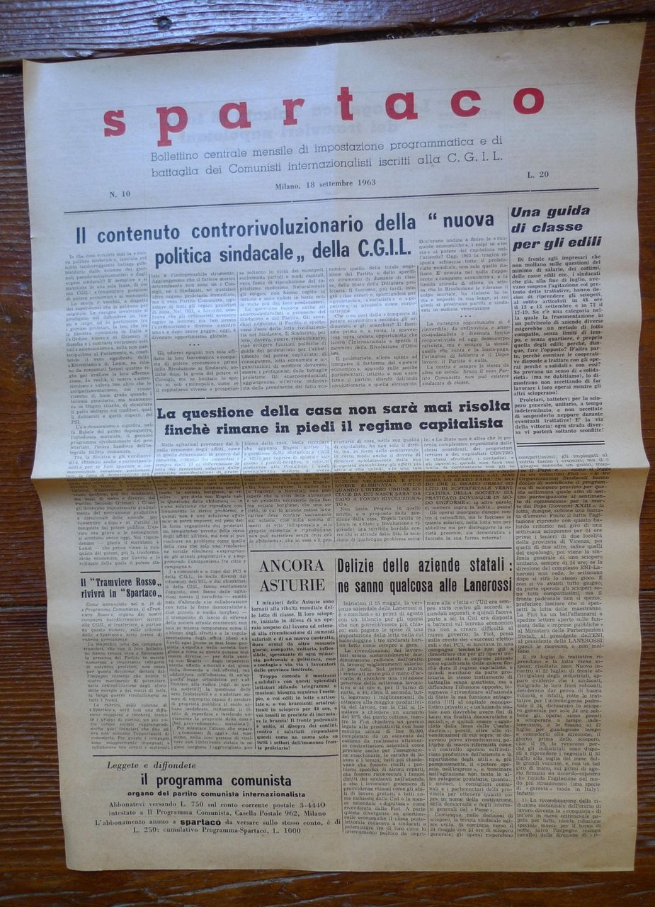 SPARTACO n.10 18 Sett.1963.Bollettino dei Comunisti Internazionalisti[CGIL,PCInt | Immagine principale