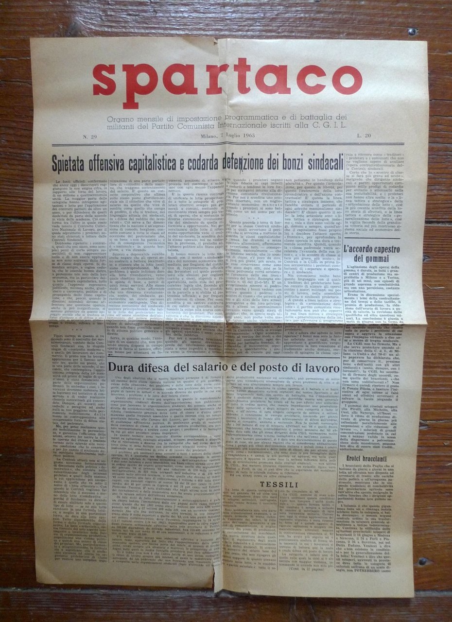 SPARTACO n.29 7 luglio 1965.Organo mensile PCInt,CGIL[comunismo,giornale | Immagine principale