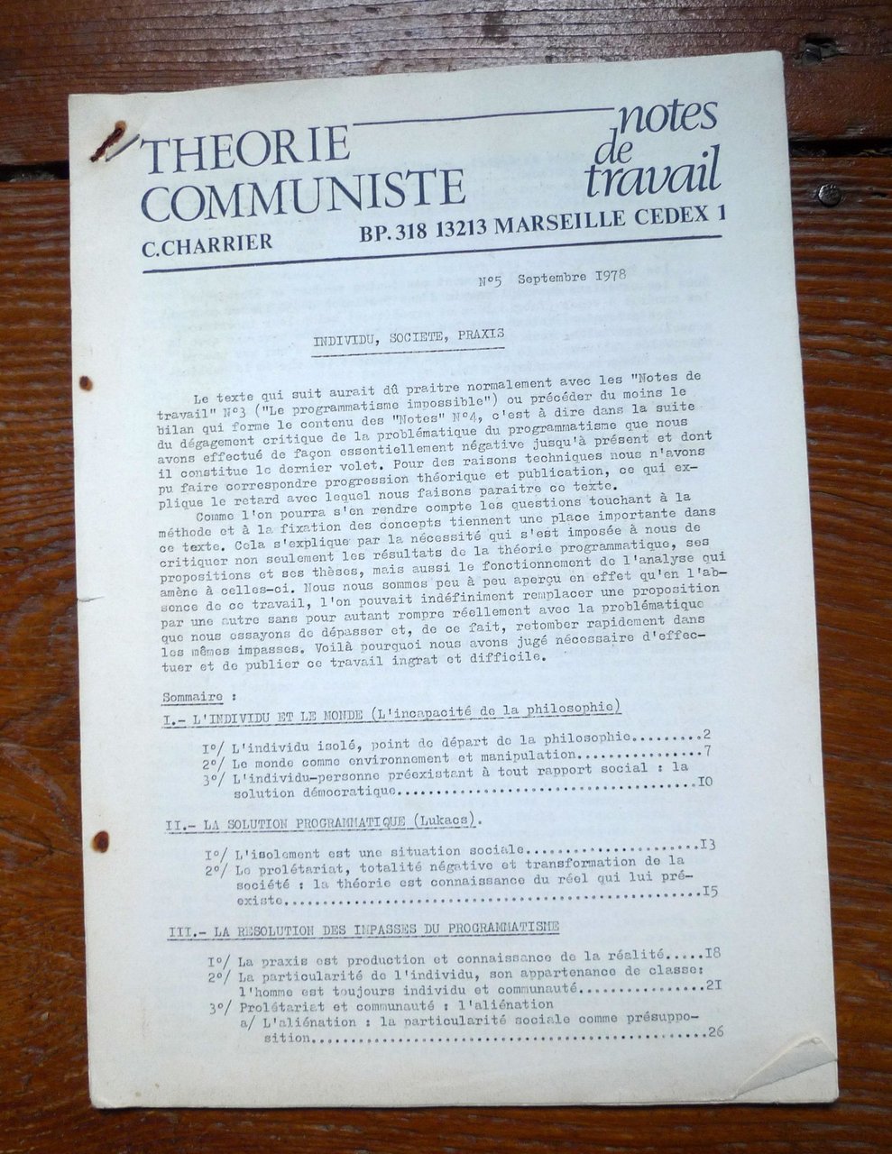 THEORIE COMMUNISTE.NOTES DE TRAVAIL.N.5 1978 Marseille[C.Charrier,comunismo