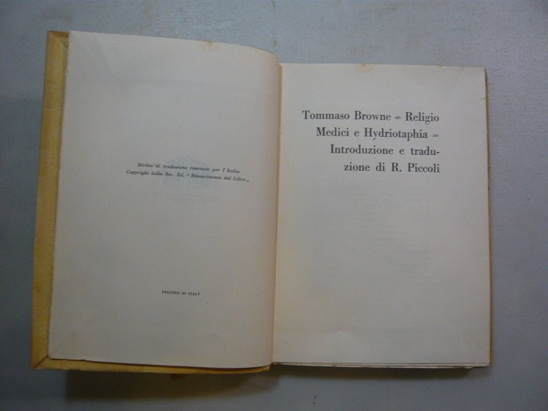 Tommaso Browne,RELIGIO MEDICI E HYDRIOTAPHIA Firenze,Rinascimento del libro,1931