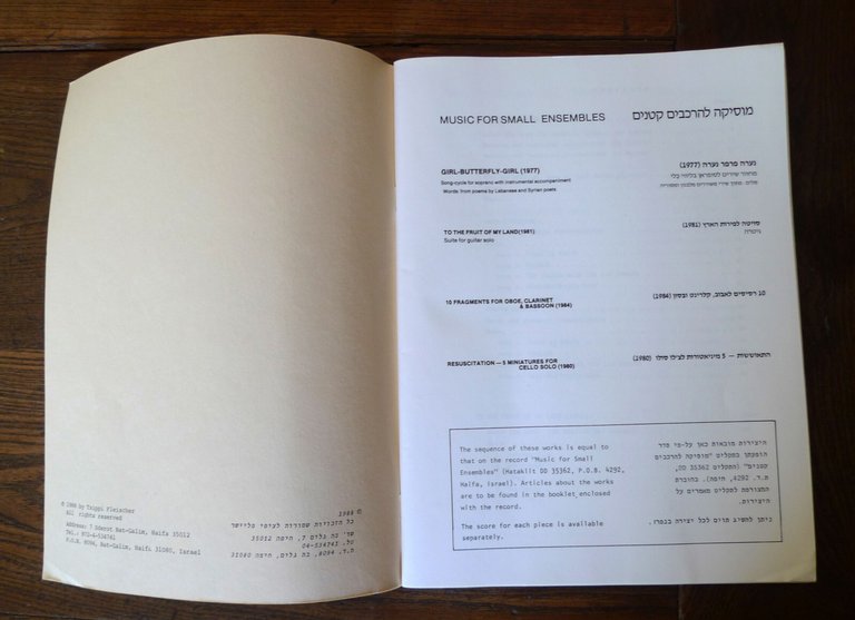 TSIPPI FLEISCHER,MUSIC FOR SMALL ENSEMBLE,1988[musica,spartiti,Israele