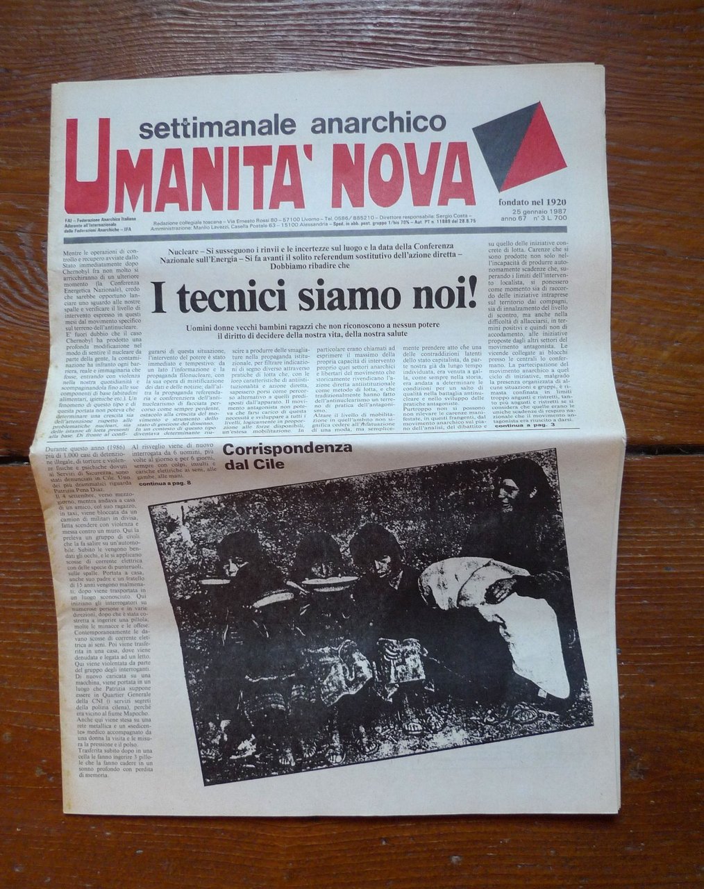 UMANITÀ NOVA.Settimanale anarchico Anno 67 n.3 25 gennaio 1987[CILE,Berneri