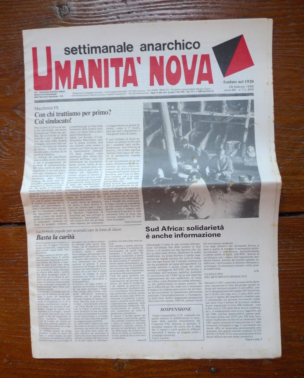 UMANITÀ NOVA.Settimanale anarchico Anno 68 n.7 28 febbraio 1988[Berneri