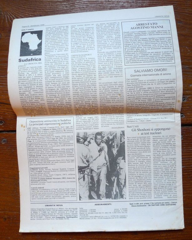 UMANITÀ NOVA.Settimanale anarchico Anno 68 n.7 28 febbraio 1988[Berneri