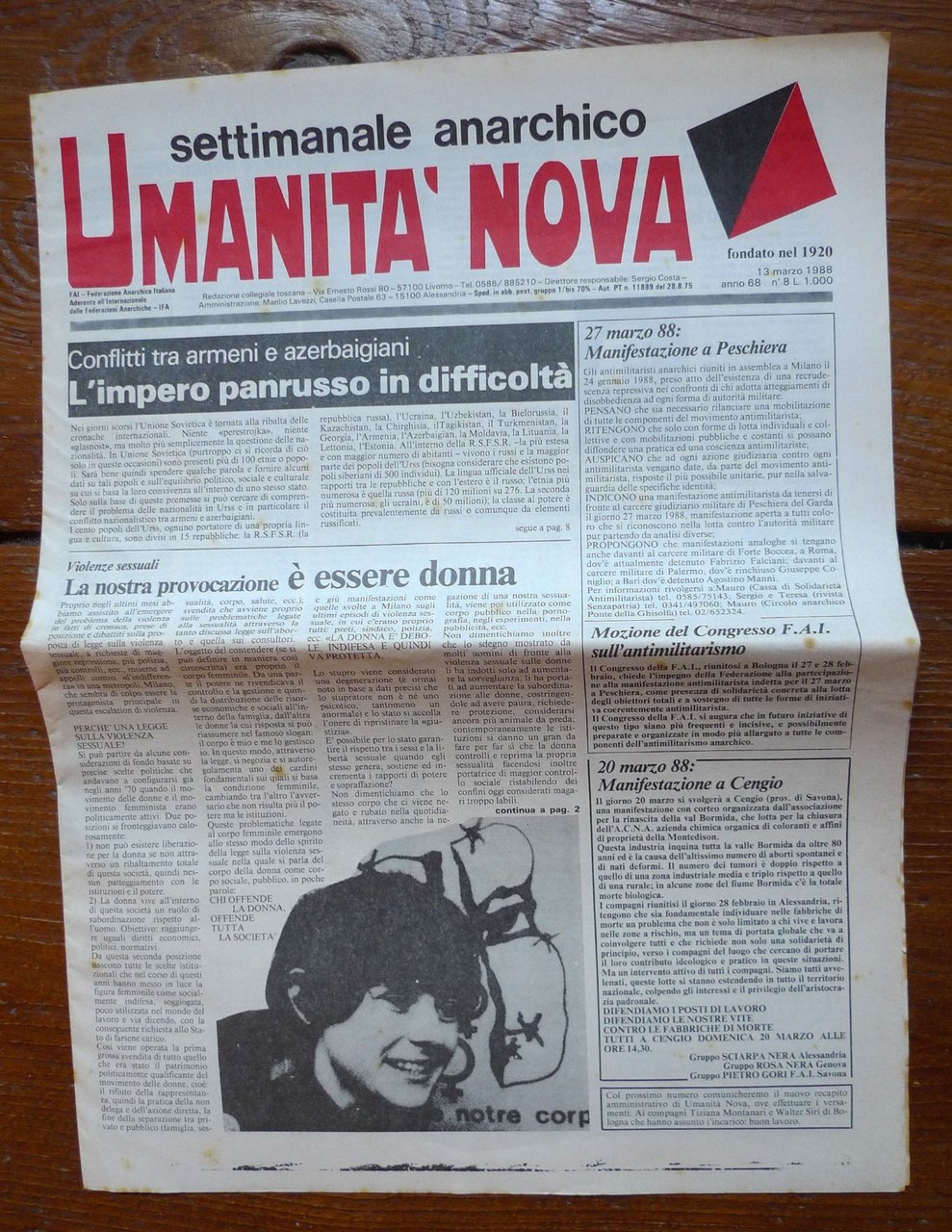 UMANITÀ NOVA.Settimanale anarchico Anno 68 n.8 13 marzo 1988[violenza sessuale