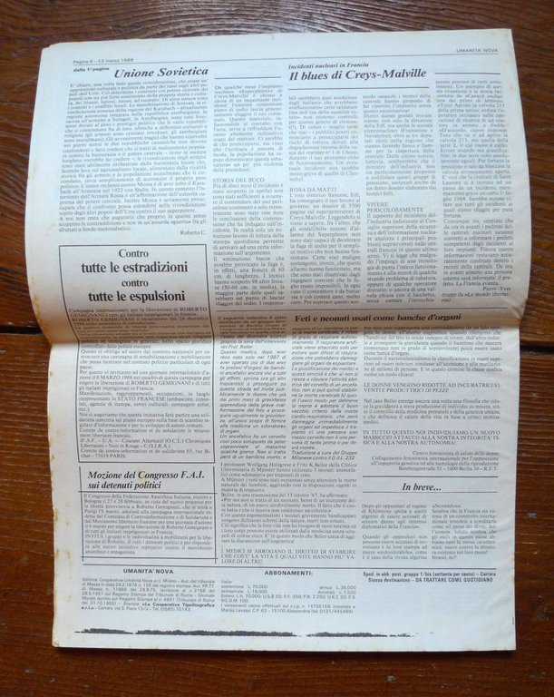 UMANITÀ NOVA.Settimanale anarchico Anno 68 n.8 13 marzo 1988[violenza sessuale