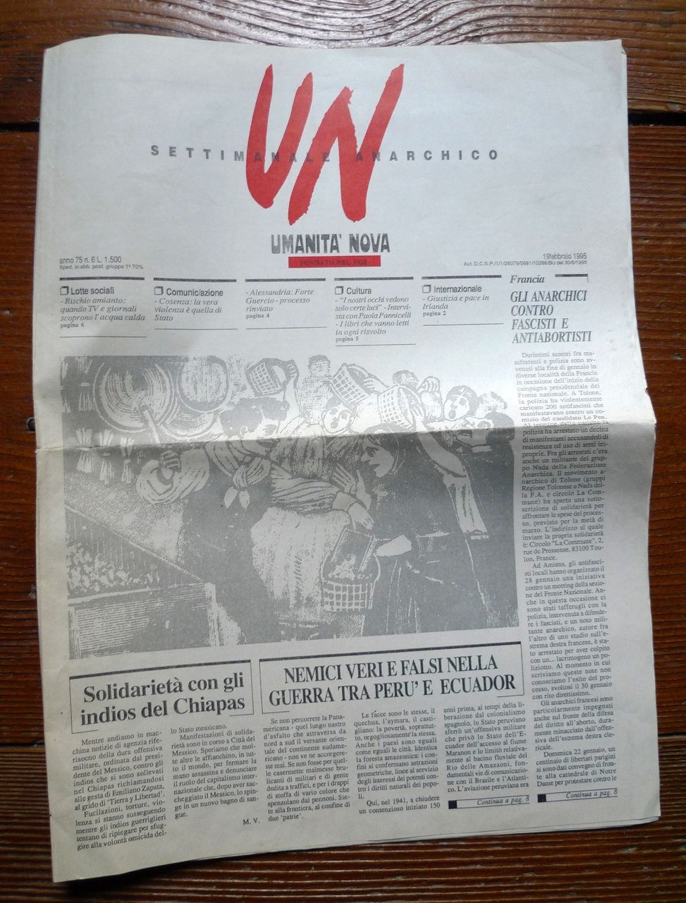 UMANITÀ NOVA.Settimanale anarchico.Anno 75 n.6 19 feb.1995[ANARCHIA | Immagine principale