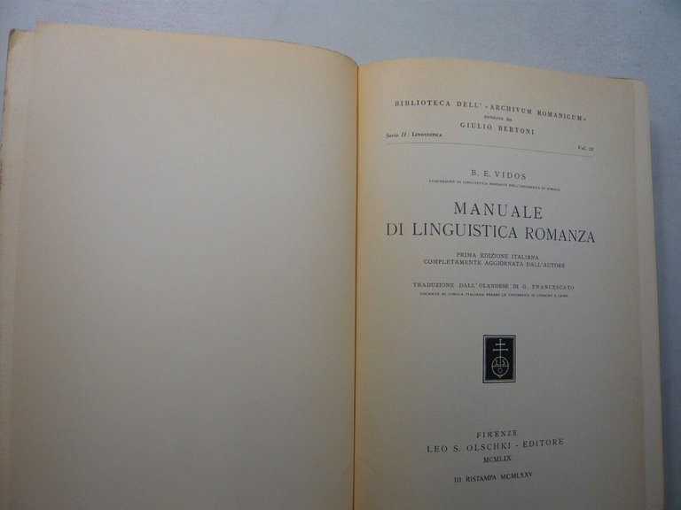 Vidos,MANUALE DI LINGUISTICA ROMANZA ,Olschki Editore, Firenze, 1975