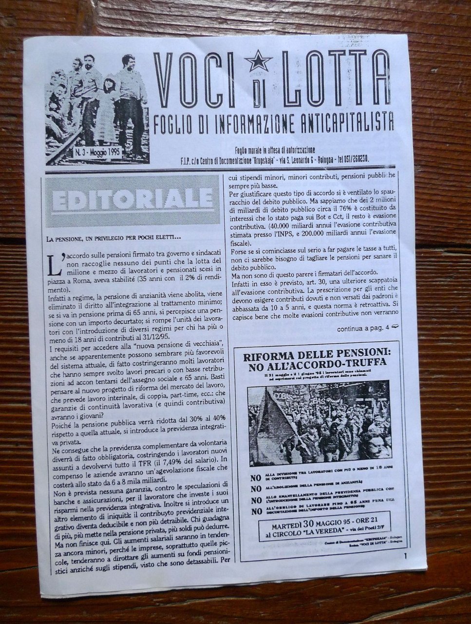 VOCI DI LOTTA n.3 Mag.1995.FOGLIO DI INFORMAZIONE ANTICAPITALISTA[Bologna | Immagine principale