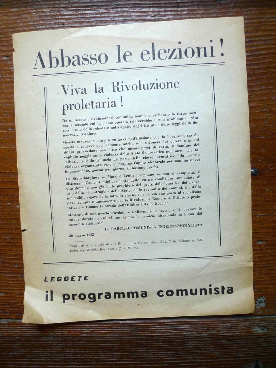 [VOLANTINO]ABBASSO LE ELEZIONI!VIVA LA RIVOLUZIONE PROLETARIA!PCInt 1963[Bordiga | Immagine principale