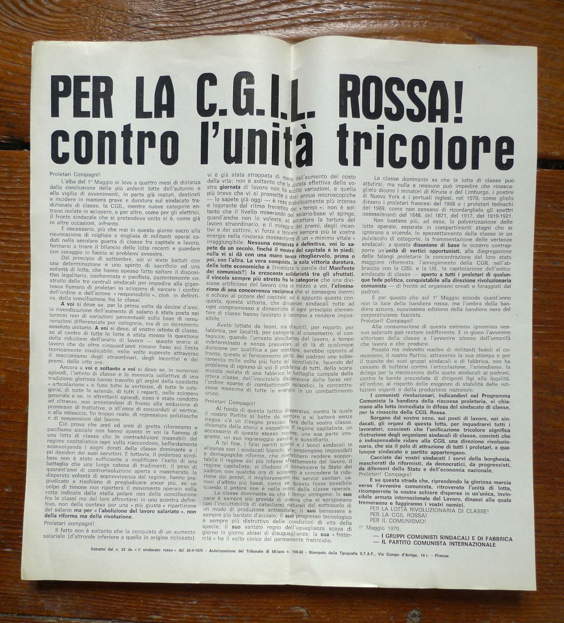 [VOLANTINO]PER LA CGIL ROSSA!CONTRO L'UNITÀ TRICOLORE,1970[PCInt,comunismo