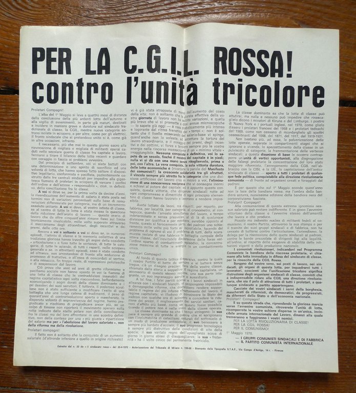 [VOLANTINO]PER LA CGIL ROSSA!CONTRO L'UNITÀ TRICOLORE,1970[PCInt,comunismo | Immagine Gallery 1