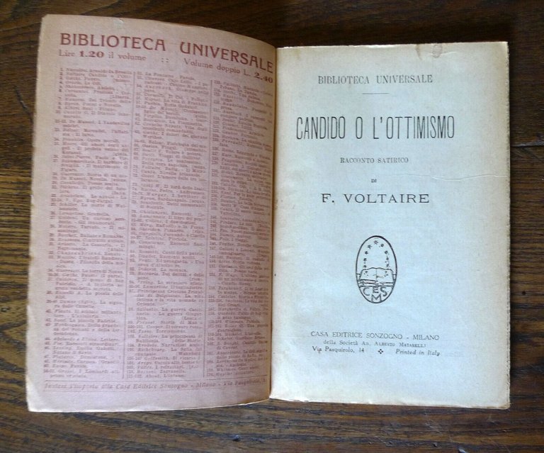 Voltaire,CANDIDO O L'OTTIMISMO,1936 Sonzogno BIBLIOTECA UNIVERSALE
