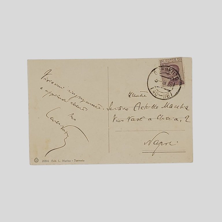 Cartolina autografa firmata, indirizzata all’ “Illustre scrittore Achille Macchia“.