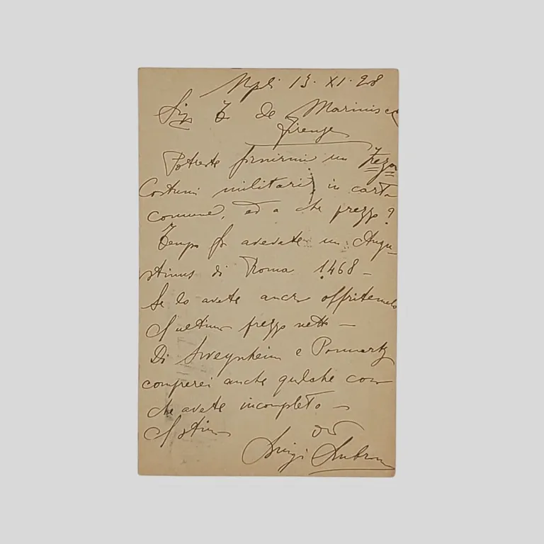 Cartolina pubblicitaria autografa firmata. Indirizzata al bibliofilo e libraio antiquario …