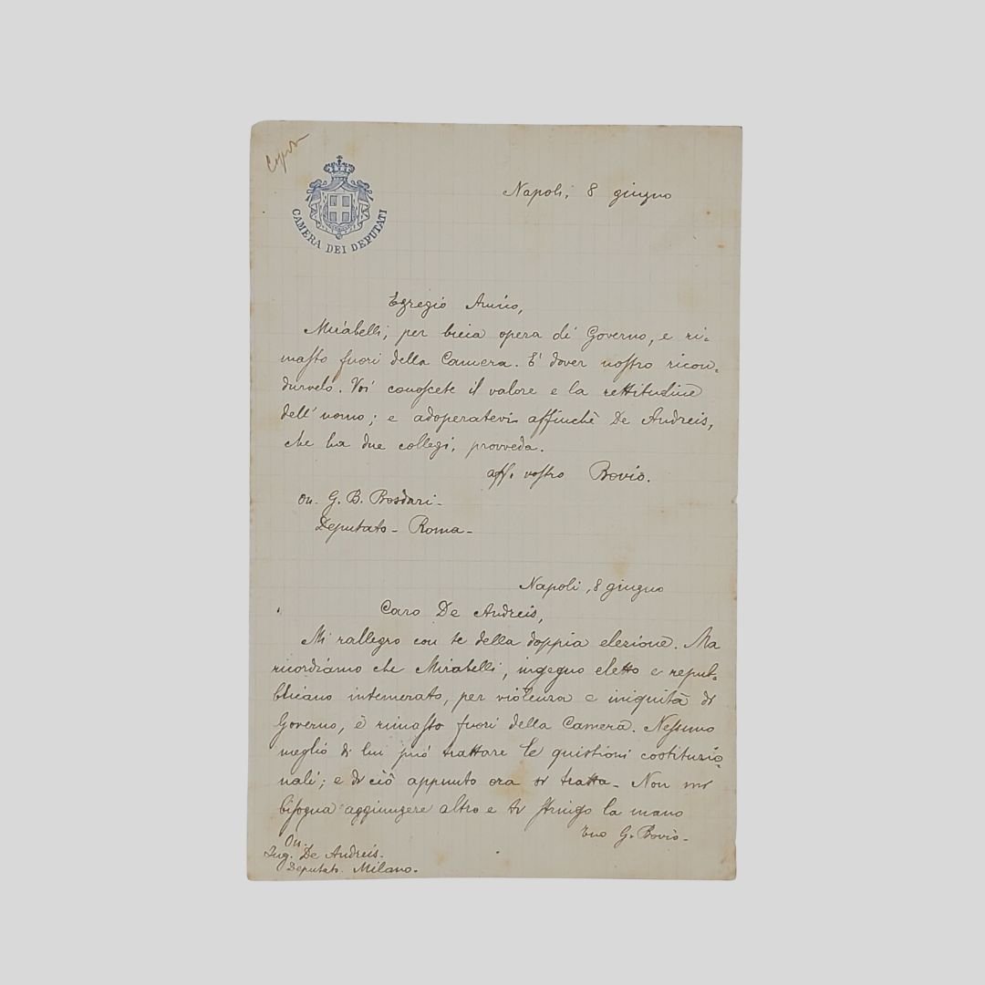 Due Lettere autografe firmate.Indirizzate a Giovanni Battista Bosdari eal Deputato …