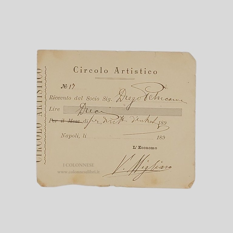 Firma autografa su due ricevute di pagamento del Circolo Artistico …