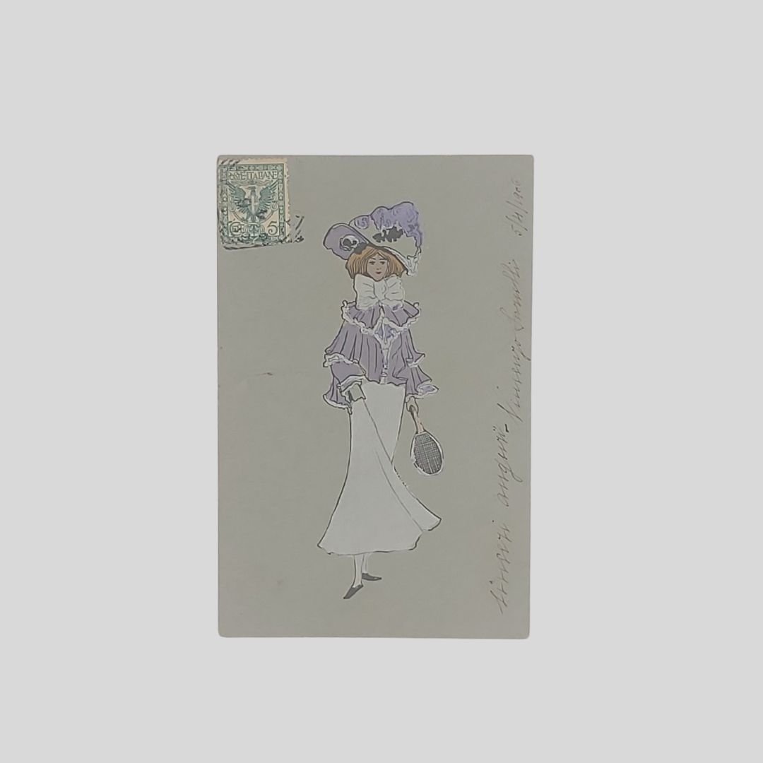 La tennista Art Nouveau. Cartolina originale acquarellata a mano.