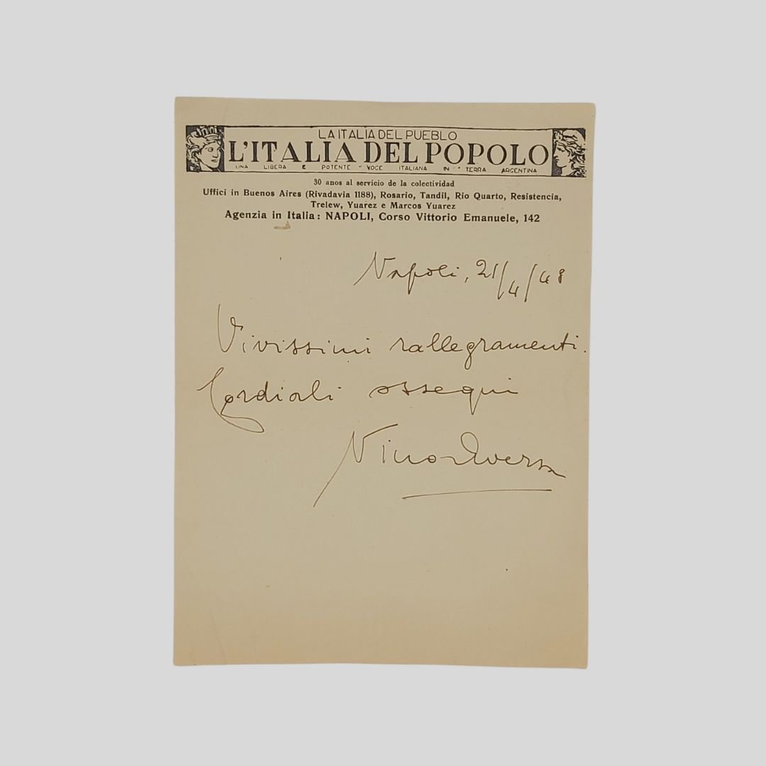 Lettera autografa firmata. Indirizzata a destinatario sconosciuto [Floriano Del Secolo].